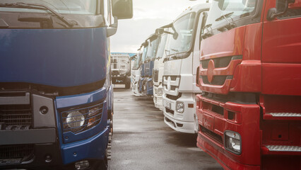 Different semi trucks on the truck stop parking, Banner image of truck dealer concept