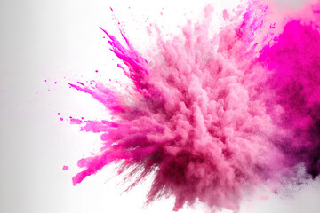 Abstract background with pink powder splatters, freeze motion of color powder exploding throwing, and color glitter texture on white. Generative AI