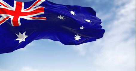 Australia national flag waving in the wind on a clear day