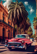 Vibrant Illustration Of American Vintage Car Driving In Havana, Cuba In Daylight. Colorful Exotic Retro Havana's Streets Make A Magnigicent Magical Cityscape.