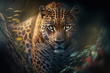 Close Up Beautiful Leopard.  Dangerous Predator In Natural Habitat.  Digital Artwork

