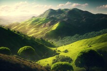 Gorgeous Sunlit Scene With Rolling Hills Covered In Vegetation. Generative AI