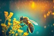 Leinwanddruck Bild - Bee_collecting_pollen_and_honey_from_a_yellow_flower ,ai, Generative AI