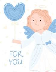 Wall Mural - Design concept of a Valentine's day greeting card with a cute angel girl with a balloon heart and the inscription for you. Vector blue vertical illustration.