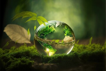 Sticker - World environment and earth day concept with glass globe and eco friendly environment. Generative AI