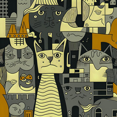 Wall Mural - Vintage Cat pattern, drawn illustration Generative AI