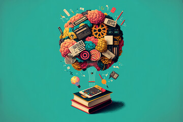 Wall Mural - Generative AI illustration of conceptual art of some books on a turquoise green background from which various objects come out forming a globe representing the various human and scientific knowledge
