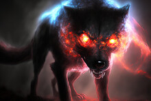 Red Glowing Eyed Dog Like Aggressive Demonic Attacking Beast, Incarnation Of Evil, Fear And Hereafter. Blurred For Reason To Emphasize Movement. Generative AI