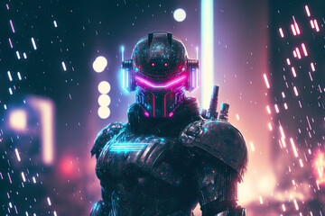 Canvas Print - Cyberpunk gamer image and illustration of futuristic robot character in science fiction with sparkling bokeh background. Generative AI
