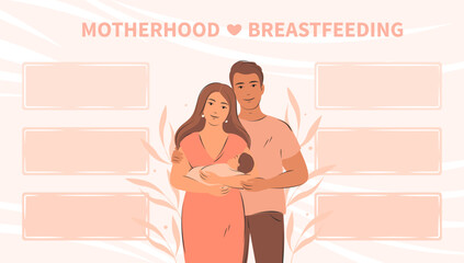 Happy family with newborn. Parents with child. Banner about pregnancy and breastfeeding. Informations in frames about breastfeeding. Vector illustration.