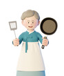 A 3d illustration of a grandmother smiling with a frying pan and kitchen utensils in both hands.