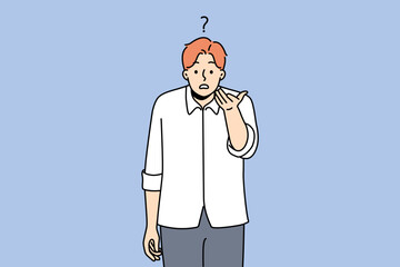 Wall Mural - Confused young man look at camera feel frustrated and dissatisfied. Unhappy guy disappointed with information or offer. Vector illustration. 