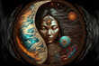 Wise shaman guards the yin-yang portal of the universe. Tibetan tribal female shaman is links to the spiritual world. Illustration, generative art