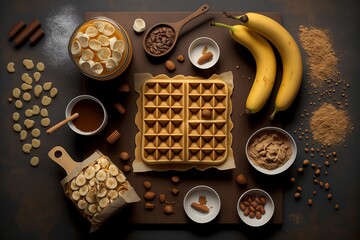 Knolling illustration breakfast waffle with banana, peanut butter, topping, cereals, syrup. Generated ai illustration.