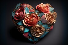 Bouquet Of Flowers In The Shape Of A Heart, Valentine's Day. Digital Illustration AI