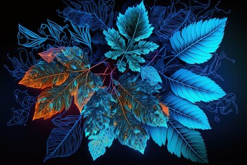 Wall Mural - leaves that sparkle in the dark against a blue sky. Generative AI
