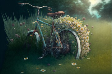 Deteriorated bicycle in the grass with flowers around it. Digital illustration AI