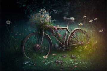 Deteriorated bicycle in the grass with flowers around it. Digital illustration AI