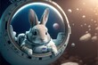  a rabbit in a space suit floating in a space station with planets around it and a space shuttle in the background with a reflection of the bunny's face in the window of the.  generative