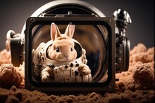  A Rabbit In A Space Suit Is In A Small Box With A Camera In It's Lap And A Camera In The Background With A Space Suit On It's Side, And A.  Generative