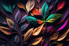  A Colorful Painting Of Leaves On A Black Background With A Red Frame And A Green Leaf On The Left Side Of The Frame, And A Red Leaf On The Right Side Of The Right.  Generative
