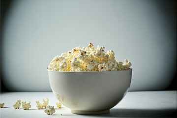 Wall Mural -  a bowl of popcorn is sitting on a table with scattered popcorn kernels scattered around it on a white surface with a gray background behind it is a spotless backdrop that is also visible.  generative