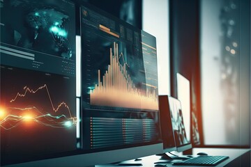 Poster -  a computer monitor and keyboard on a desk with a monitor screen showing graphs and graphs on it and a laptop computer on the desk with a monitor on it and a monitor screen with a.  generative