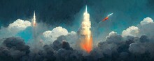 Rocket Landscape Taking Off Among The Clouds. Illustration AI
