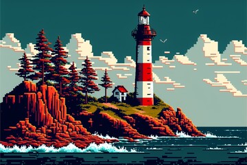 Landscape with lighthouse, sea and sky, pixel art style. Digital illustration. AI