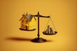 © Deivison - Scales with house on one side and money on the other, yellow background. Digital illustration. AI