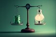 Scales with light bulb on one side and money on the other, concept of ideas and innovation, green background. Digital illustration. AI
