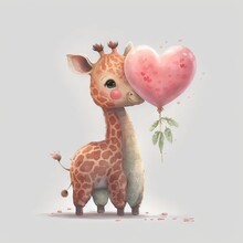  A Giraffe Holding A Heart Shaped Balloon In Its Mouth And Standing On The Ground With A Plant In Its Mouth And A Pink Heart Shaped Balloon In The Air Above Its Mouth,.  Generative