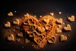  a heart shaped waffle with hearts on it and sprinkles of powder on the side of it and scattered with hearts on a black background of other waffles of sand.  generative
