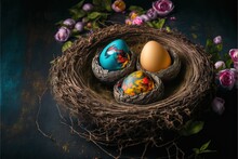  Three Eggs In A Nest With Flowers On A Table Top With A Blue Background And A Purple Rose Bush Behind Them, With A Purple Rose Bush And Purple Flowers In The Background, And.  Generative