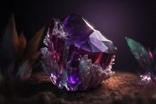  A Purple And Green Crystal Cluster On A Brown Surface With Leaves And Rocks In The Background, With A Dark Background And A Black Background With A Few Light Spots On The Edges, And.