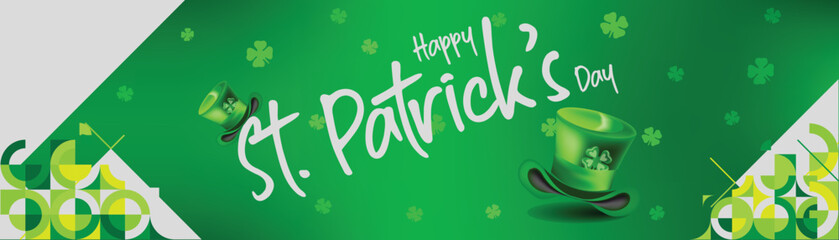 happy St patrick day banner cover for website and social with script handwritten typo and clover hat green background