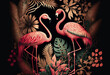 Tropical art nouveu, art deco print design with leaves and flamingo. Generative ai