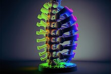  A Colorful Model Of A Human Skeleton With A Multicolored Rib Cage On Top Of It's Back End And A Black Background With A Gray Backdrop With A Black Light And A Blue. Generative AI