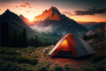  A Tent Is Pitched Up In The Mountains At Sunset With The Sun Setting Behind It And The Words 1017 Written On The Tent's Front Of The Tent Is Lit Up In The Foreground.