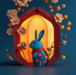 Chinese New Year of the rabbit 2023, blue bunny paper cut style card, Chinese lantern, peach blossoms. Generative ai