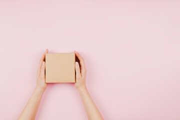 Wall Mural - Top view to female hands holding small rectangle brown cardboard box on pastel pink background. Mockup parcel box. Packaging, shopping, delivery concept