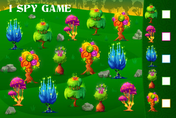 Poster - I spy game, magic alien trees and plants in fantasy forest, vector quiz worksheet. Kids cartoon puzzle or riddle to find two same fairy tale luminous tree and mushroom plants in alien forest