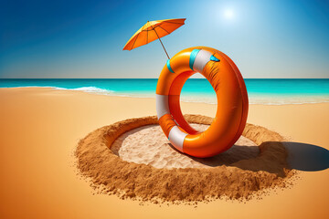 Sticker - Beach sand has an inflatable ring and umbrella. concept of a summer vacation. Generative AI