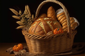 Poster -  a basket of bread with a bunch of pumpkins and a basket of bread with a bunch of wheat on the side of the basket and a pumpkin on the side of the basket is a.