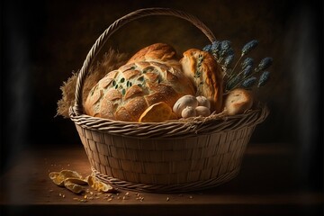 Poster -  a basket filled with bread and other food items on a table next to a slice of oranges and a few other items on a table top of a table cloth with a basket of bread.