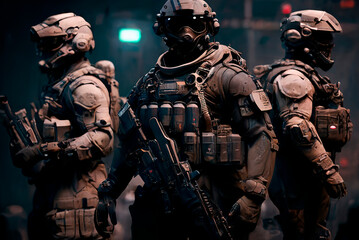 Military Tactical Special Squad Special Forces Unit, Equipped Armed Soldiers, Full Gear, Wartime, Battlefield Epic Scene