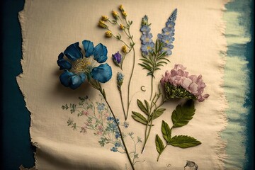 Sticker -  a bunch of flowers are laying on a piece of cloth on a table cloth with a torn piece of paper behind them that has been torn off of paper and is sitting on a blue.