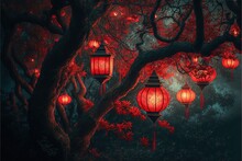  A Painting Of A Tree With Red Lanterns Hanging From It's Branches And A Person Reaching For It With Their Hand In The Air, With A Dark Background Of Red Leaves And A.