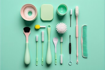 Sticker -  a collection of various items that include toothbrushes, brushes, and other items on a blue background with a green border around them and a yellow comb and a yellow circle on the.