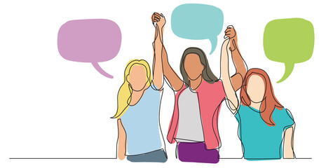 Wall Mural - women team of winners holding hands with speech bubbles colored - PNG image with transparent background